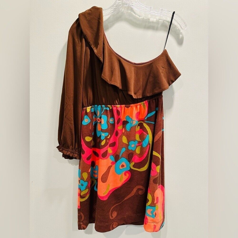 Judith March Ruffle One Shoulder Mini Dress Women's Large Brown Retro Boho NWT